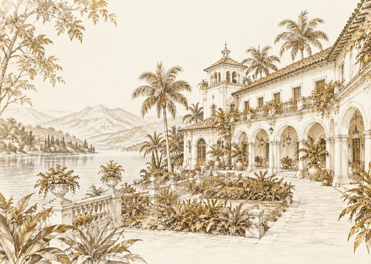 Ilustración del hotel frente al lago rodeado de jardines tropicales